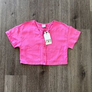 Zara Kids Bright Pink Short-Sleeve Cropped Button Top